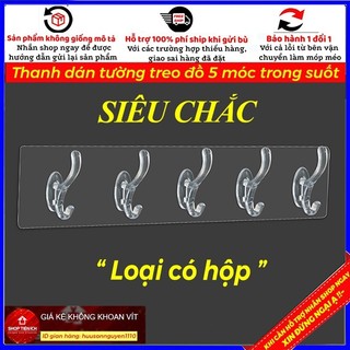 (Loại có hộp) Thanh dán tường treo đồ 5 móc trong suốt siêu dính (HSN)