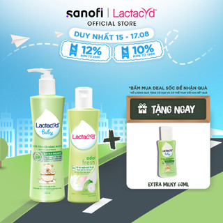 Bộ Dung Dịch Vệ Sinh Phụ Nữ Lactacyd Odor Fresh Ngăn Mùi 24H 250ml + Sữa Tắm Gội Trẻ em Lactacyd Baby Extra Milky 500ml