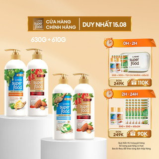 Combo dầu gội lashe superfood sạch gàu 630g + sữa tắm lashe superfood dưỡng da sáng mịn 610g