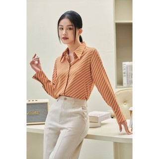 Áo sơ mi sọc nữ gillee form rộng tay loe lụa cát cam fas270