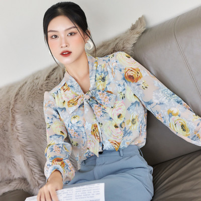 Áo Sơ Mi Nữ Thắt Nơ GILLEE Tay Phồng Voan Hoa Có Lót FAK059