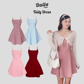 DALLA Đầm dây xòe cổ vuông đỏ đô, hồng, caro đỏ