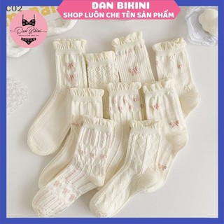  Set 5 Đôi Tất vớ nữ cao cổ dệt kim phối nơ tông trắng trẻ trung năng động MÃ T98 