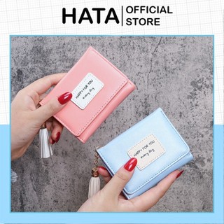 Bóp Ví Nữ Cầm Tay Gập 3 Nhỏ Gọn Đính Logo Vuông Happy Cực Đẹp - Hata24h