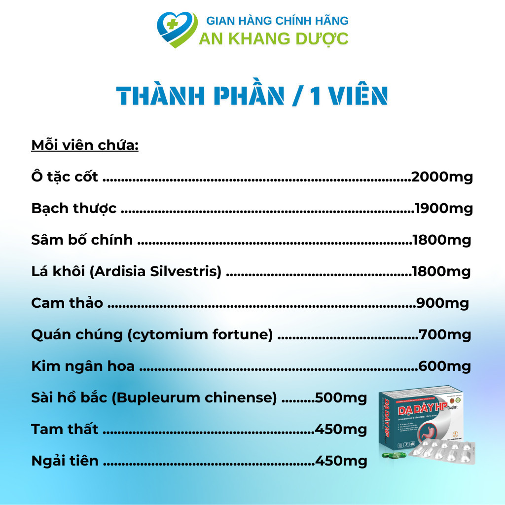 Viên Uống Dạ Dày HP Dành Cho Người Bị Đau Dạ Dày, Tá Tràng, Giúp Ức Chế Vi Khuẩn, Bảo Vệ Niêm Mạc Dạ Dày (1 hộp/30 Viên)