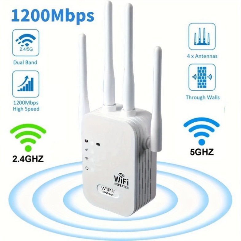 Kích sóng Wifi 4 râu tốc độ cao 1200mpbs  5G / 2.4G 300Mbs. Mở rộng vùng phủ sóng, cải thiện tốc độ mạng Wifi HOT