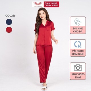 Pijama lụa trơn bộ đồ ngủ mặc nhà cao cấp VINGO tay ngắn quần dài mùa Hè mát H482 VNGO