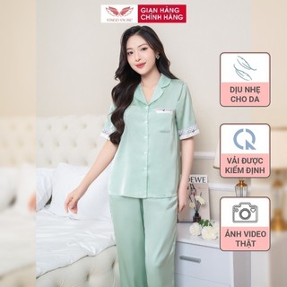 Pijama lụa Pháp bộ đồ ngủ mặc nhà cao cấp mùa Hè VINGO áo tay ngắn quần dài dáng suông H1035 VNGO