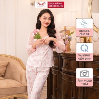 Bộ đồ ngủ nữ Pijama lụa cao cấp mùa Hè VINGO tay dài phối voan và quần dài sang chảnh H1069 VNGO
