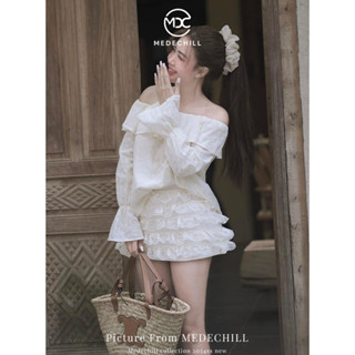 Set áo trễ vai dài tay bo chun thêu hoa siêu xinh kèm chân váy ren bèo tôn dáng sang chảnh Medechill