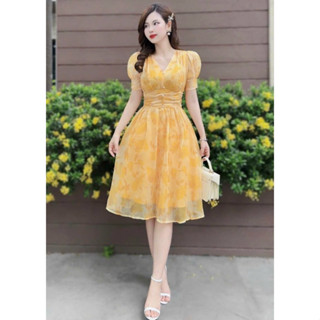  ĐẦM THỜI TRANG NỮ MẶC ĐI CHƠI CHẤT VOAN HOA VÀNG ĐẬM CỔ V TAY BÚP VÁY XOÈ NGANG GỐI 👗 👗 👗 