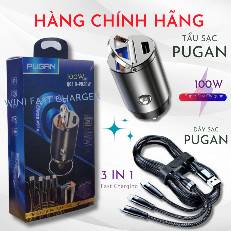 Sạc siêu nhanh ô tô PUGAN 100w , Tẩu sạc nhanh cắm tẩu âm nguồn 2 cổng USB và TYPE C phù hợp tất cả ô tô hàng chính hãng