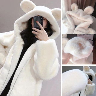 Áo Khoác Lông 2 lớp nam nữ có mũ tai gấu khóa kép Áo Lông Thỏ Phối Tai Gấu Mèo
