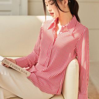 Áo sơ mi nữ sọc kẻ hai màu gillee tay dài loe lụa cát fas262