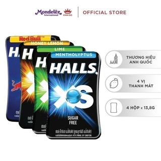 Combo 4 Hộp Kẹo Ngậm Không Đường Halls Xs Hương Chanh-Bạc Hà-Mật Ong-Redbull 13.8G/hộp