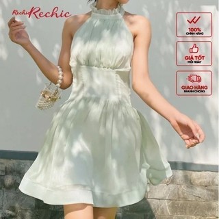 RECHIC Đầm Amory Màu Xanh Mint cổ Yếm cột nơ dáng ngắn xòe tiểu thư nhẹ nhàng