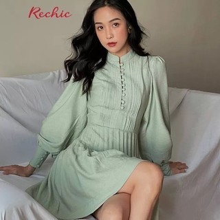RECHIC Đầm Andera Màu Xanh Mint tiểu thư cổ tròn tay phồng xếp ly eo trơn xinh xắn dễ thương