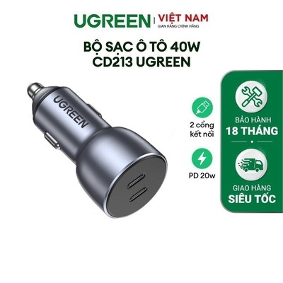 Bộ sạc nhanh UGREEN 40W CD213| Sạc nhanh ô tô Type C PD 20W & PD 20W| 2 cổng | Bảo Hành 18 Tháng 1 Đổi 1