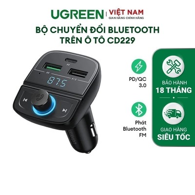 Bộ chuyển đổi Bluetooth trên ô tô UGREEN CD229 | Phát Bluetooth FM| Sạc ô tô PD/QC 3.0| Bảo Hành 18 Tháng 1 Đổi 1|80910.