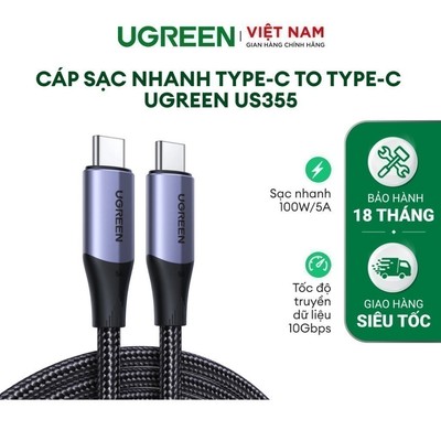 Cáp sạc USB-C sang Type-C UGREEN US355 3.1 gen 2 100W 4k60hz | Tốc độ truyền 10Gbps | Bảo Hành 1 đổi 1 18 Tháng | 80150