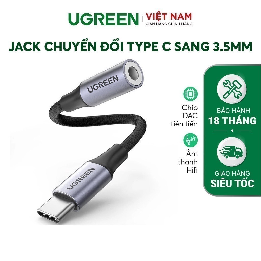 Jack chuyển đổi TypeC sang 3.5mm UGREEN AV161 | Chip DAC | Vỏ nhôm có dây bện | Bảo Hành 18 Tháng 1 Đổi 1