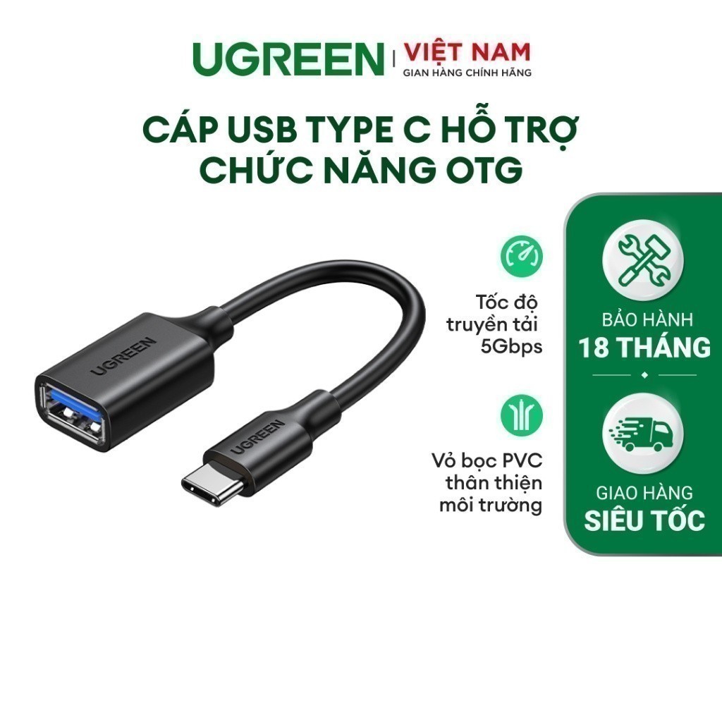 Cáp chuyển đổi USB C sang USB 3.0/2.0 hỗ trợ OTG UGREEN US154 | Vỏ bọc PVC | Tốc độ 5Gbps | Dài 15cm | BH 18 tháng