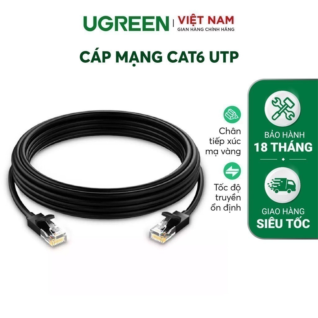 Cáp mạng Cat6 UTP UGREEN NW102 | Tốc độ truyền tải cao 1000Mbps | Lõi thuần đồng 26AWG | Bảo Hành 18