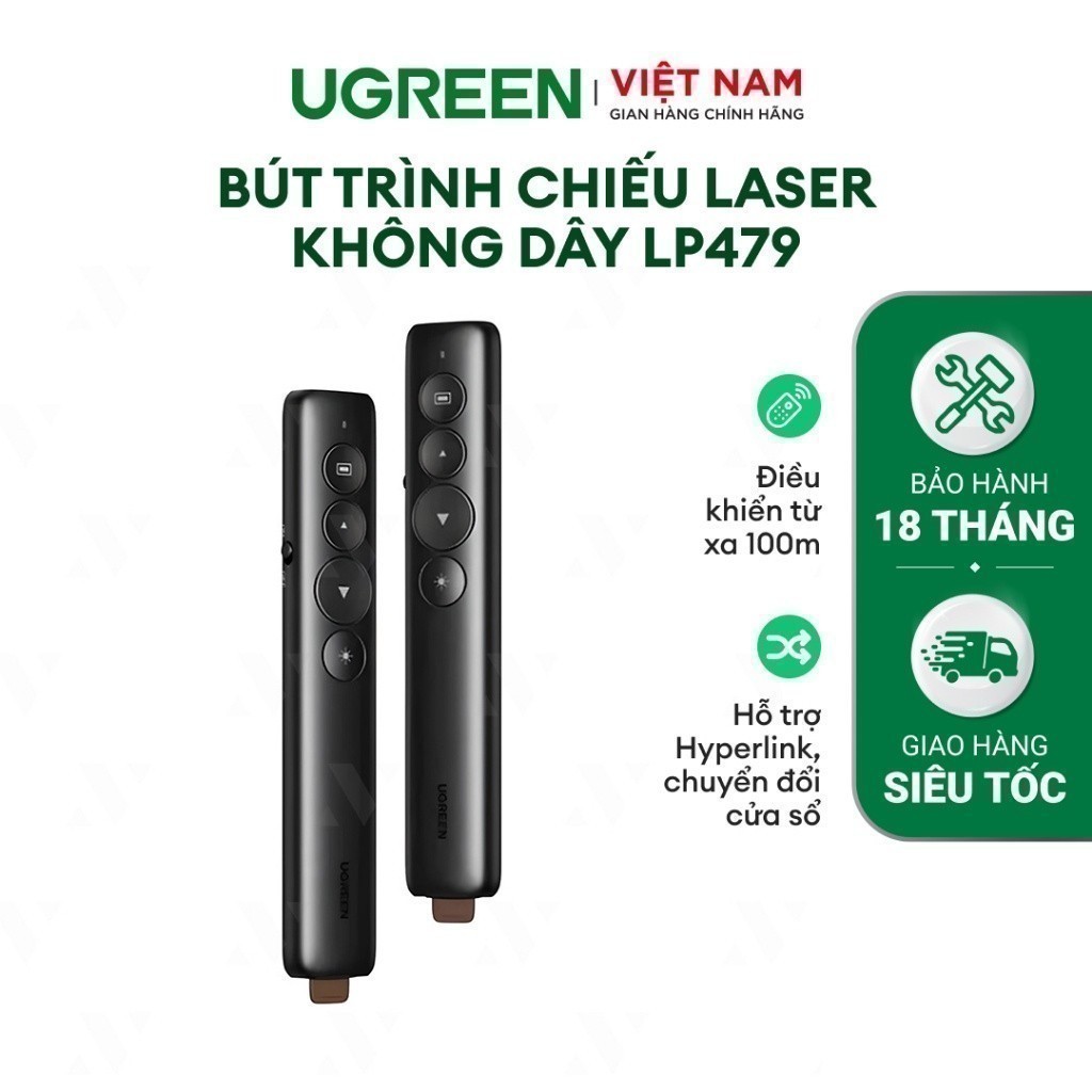 Bút trình chiếu Laser Không dây UGREEN LP479 | Điều khiển từ xa 100m | Hỗ trợ Hyperlink, chuyển đổi cửa sổ | BH 18 Tháng