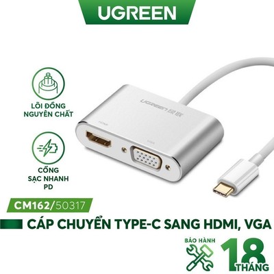 Bộ chuyển đổi USB type C sang HDMI + VGA vỏ nhôm dài 10cm UGREEN CM162