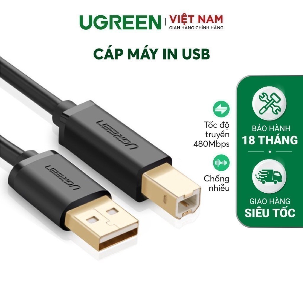 Dây máy in USB 2.0 chuẩn A đực sang chuẩn B đực UGREEN US135 |  Ba lớp chống nhiễu | Tốc độ truyền dữ liệu 480Mbps