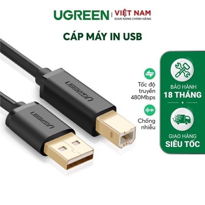 Dây máy in USB 2.0 chuẩn A đực sang chuẩn B đực UGREEN US135 |  Ba lớp chống nhiễu | Tốc độ truyền dữ liệu 480Mbps