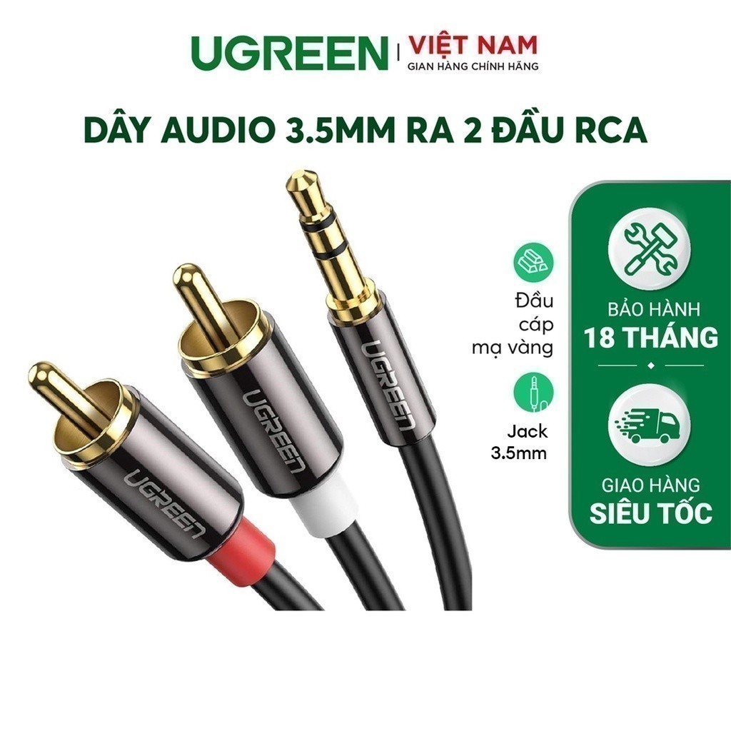 Dây Audio 3.5mm ra 2 đầu RCA (Hoa sen) UGREEN AV116 | Đầu nối mạ vàng 14K | Kết nối dễ dàng | Bảo Hành 18 Tháng 1 Đổi 1.