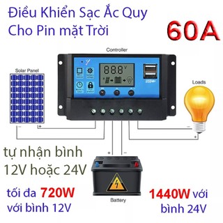 Điều khiển sạc pin năng lượng mặt trời PWM 60A/12V/24V USB SẠC