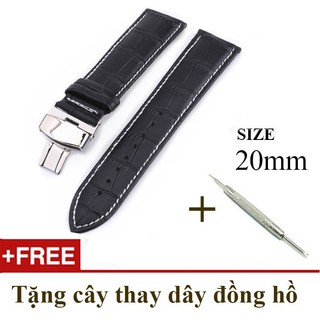 Dây đồng hồ da bò xịn SIZE 20mm, khóa bướm thép 316 (đen-B10)