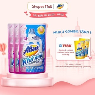 Combo 3 Nước giặt Attack Khử Extra Mùi Hương Anh Đào túi 1.4kg