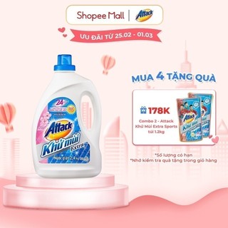Nước giặt Attack Khử Mùi Extra Hương Anh Đào Chai 2.4kg, xanh dương sọc hồng