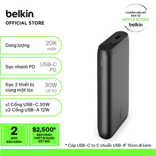 Pin sạc dự phòng polyme pocket power belkin 20.000 mah, sạc nhanh usb-c pd 30w bpb002