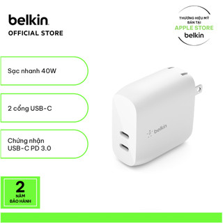 Adapter sạc nhanh BOOSTCHARGE Bekin 40W - 2 cổng USB-C PD 20W (tương thích iPhone 15)