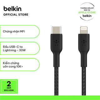 Cáp USB-C to Lightning BOOST CHARGE Belkin vỏ dù, chứng chỉ MFi, sạc nhanh 30W CAA004