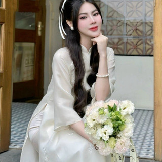 Áo Dài Nữ Cách Tân 4 Tà Lụa Thêu Hoa Nổi May Sẵn Áo Dài Dáng Suông Cổ Cao Dự Tiệc Lễ Tết Đẹp sỉ ib .