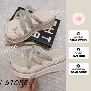 Dép đế xuồng nữ xỏ ngón quai xoàn chéo đính đá toàn thân dép, dép đế bằng cao 6 phân USD034 Un Store