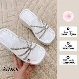 Dép đế xuồng nữ quai 6 dây xoàn chéo đính đá lấp lánh, dép bánh mì đế cao 7 phân USD030 Un Store