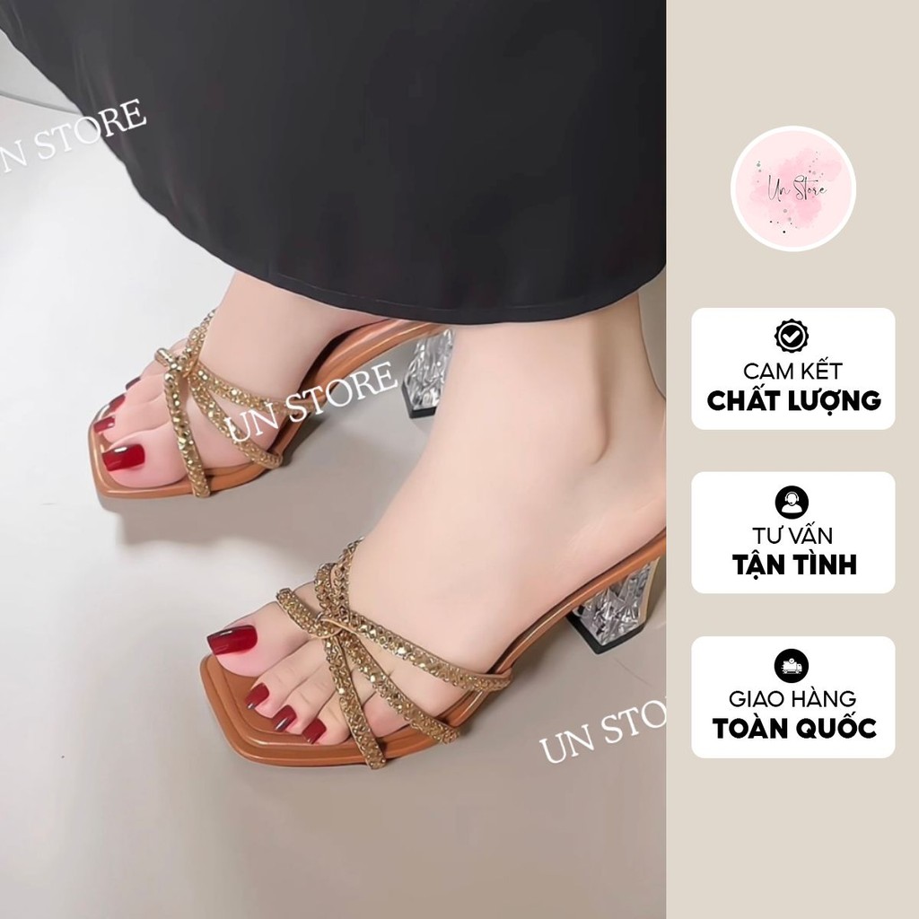  Dép guốc cao gót nữ quai 6 dây đính đá quấn mềm gót xoàn cao 7 phân đế vuông hở mũi USD022 Un Store 