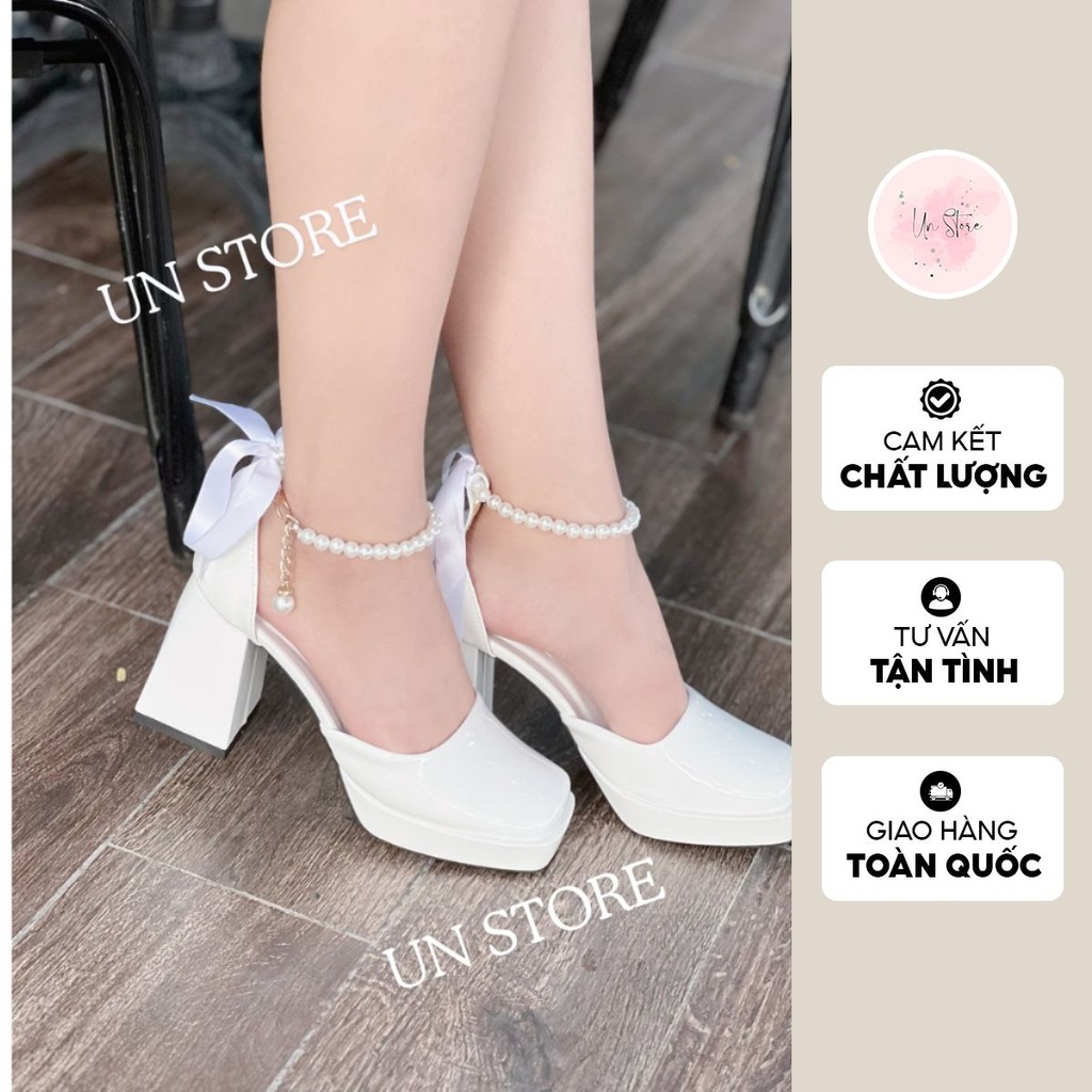 Giày cao gót nữ 9 phân đế vuông khoét eo chuỗi ngọc Un Store USD026