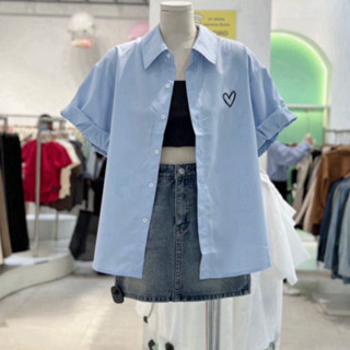 [HÀNG MỚI BÁN CHẠY] Áo sơ mi ngắn tay vạt bầu thêu trái tim đôi HAVANA  AO283