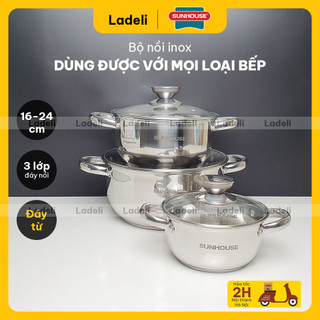Bộ nồi inox 3 đáy SUNHOUSE SH334 size 16-20-24cm vung kính đáy từ