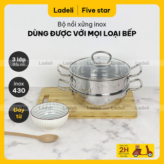 Bộ nồi xửng inox 3 đáy dùng được với bếp từ Five star Bộ 2 nx 3đ 430 q.đũa nk núm chữ C