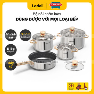 Bộ nồi chảo inox 5 đáy sunhouse shg789 dùng được với bếp từ bếp gas bếp hồng ngoại