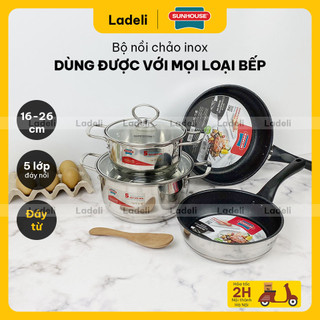 Bộ nồi chảo inox 5 đáy sunhouse dùng được với bếp từ | ladeli 102