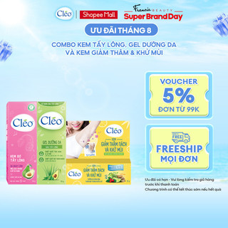 Bộ Tẩy lông nách chuyên sâu Cleo gồm kem tẩy lông nách da nhạy cảm 50g, gel dịu da 50g và kem giảm thâm nách khử mùi 35g